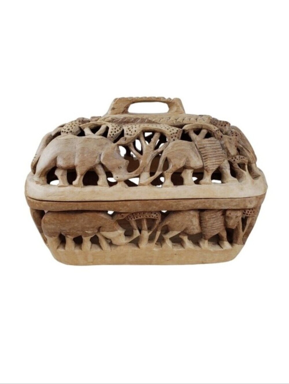 Folk Art Carved Wood Bread Basket Decor Box Wildlife Elephant Rhino Lion Safari